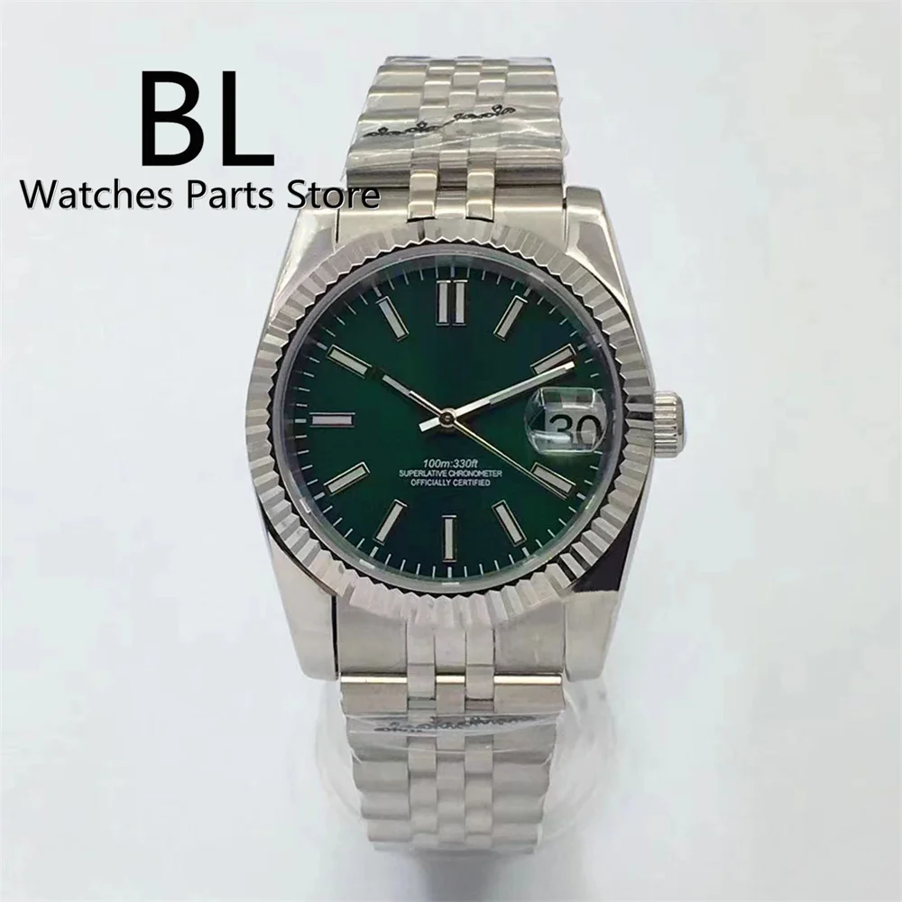 

BLIGER 36mm/39mm Automatic Watch For Men NH35 Movement Silver Fluted Bezel Green Dial Date Luminous Jubilee Bracelet Glide Lock