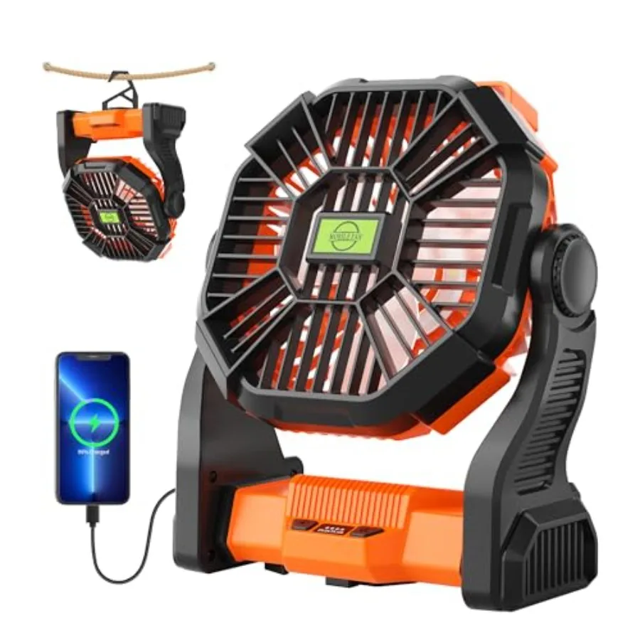 

Portable Fan Rechargeable Battery Powered Fan, 20000mAh Cordless Battery Operated Camping Fans with LED Light and Hook, USB Per
