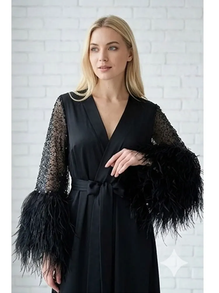 Black Feather Luxury Long Bridal Robe with Sequin Sleeves Elegant Boudoir Dressing Gown for Bride Lingerie Bridesmaid Gift Robes