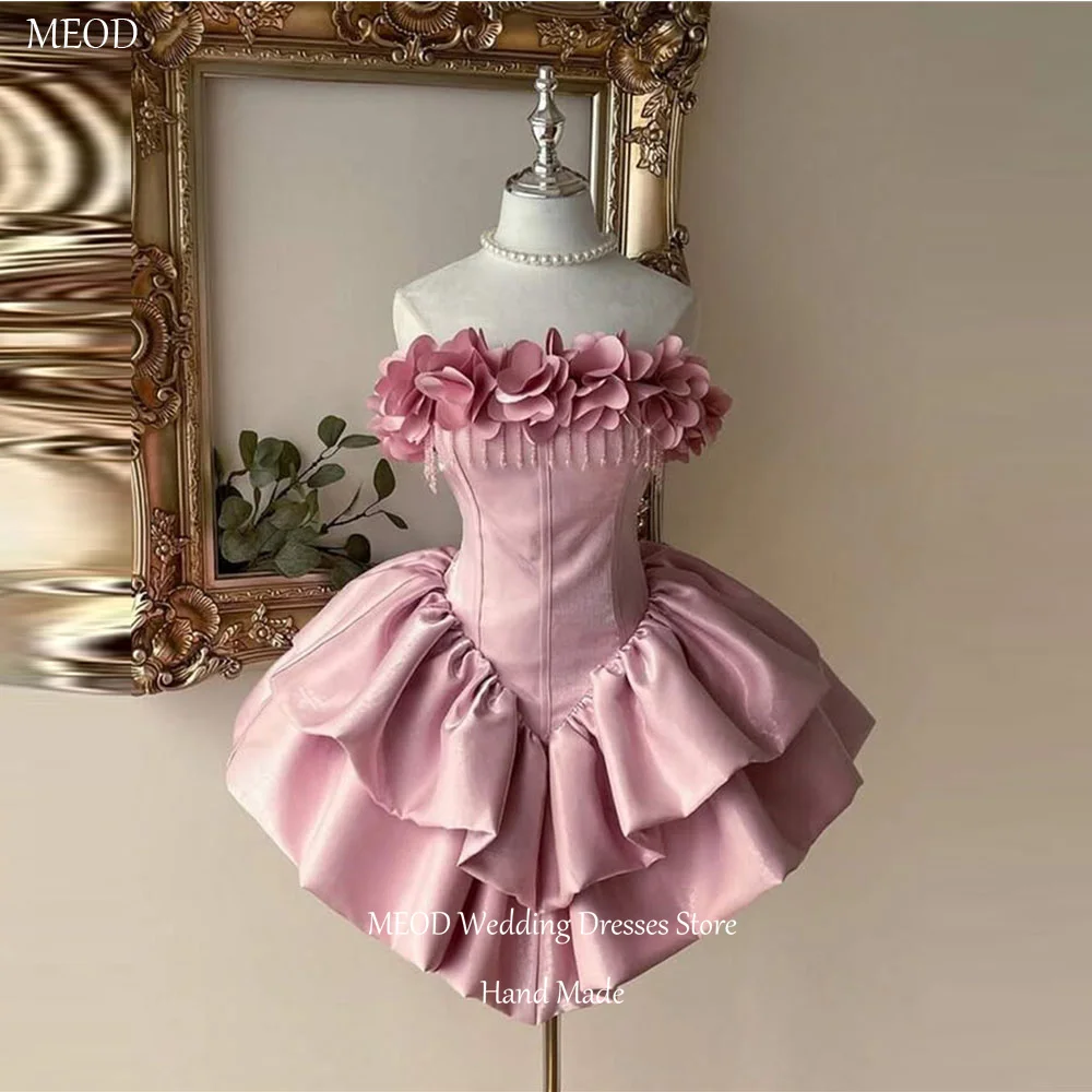 

MEOD Pink Satin Prom Dresses Flowers Short Backless Modern A Line Homecoming Gowns Sleeveless Strapless Party Attire Customized