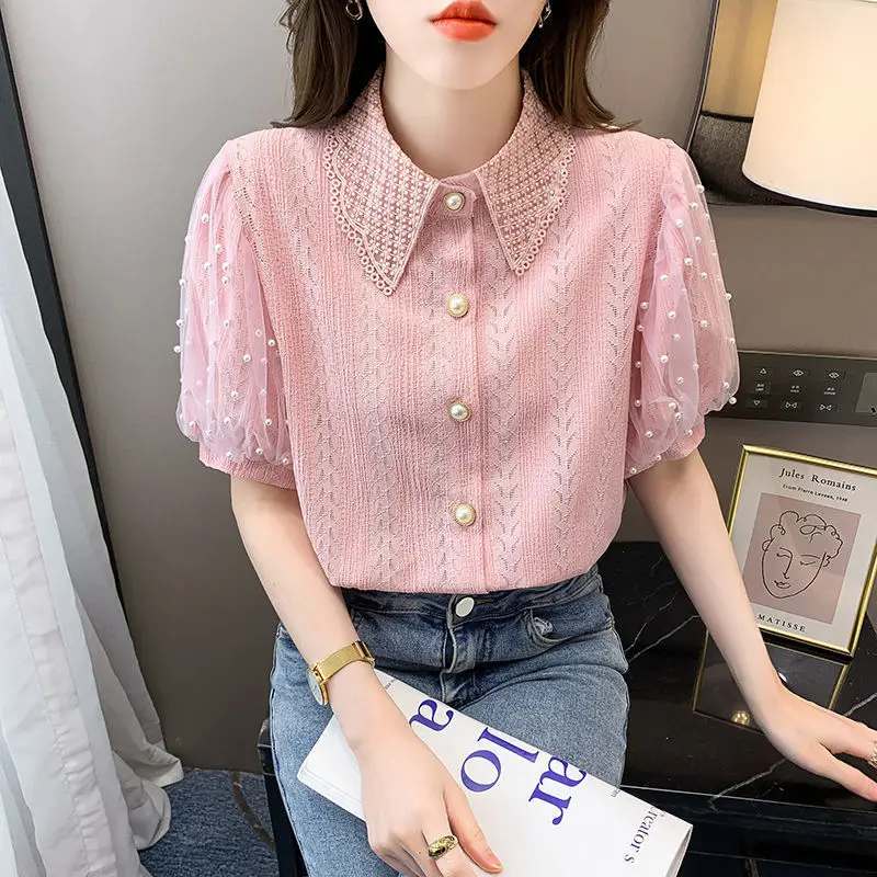 Fashion Lapel Beading Puff Sleeve Lace Oversized Shirt 2022 Summer New New Sweet Tops Loose Chic Female Clothing Commute Blouse