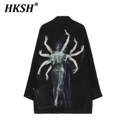 HKSH Spring Summer New Men's Tide Niche Design Shirts Women Overlapping Print Tops Dark Abstinence Chic Long Sleeve Shirt HK1236