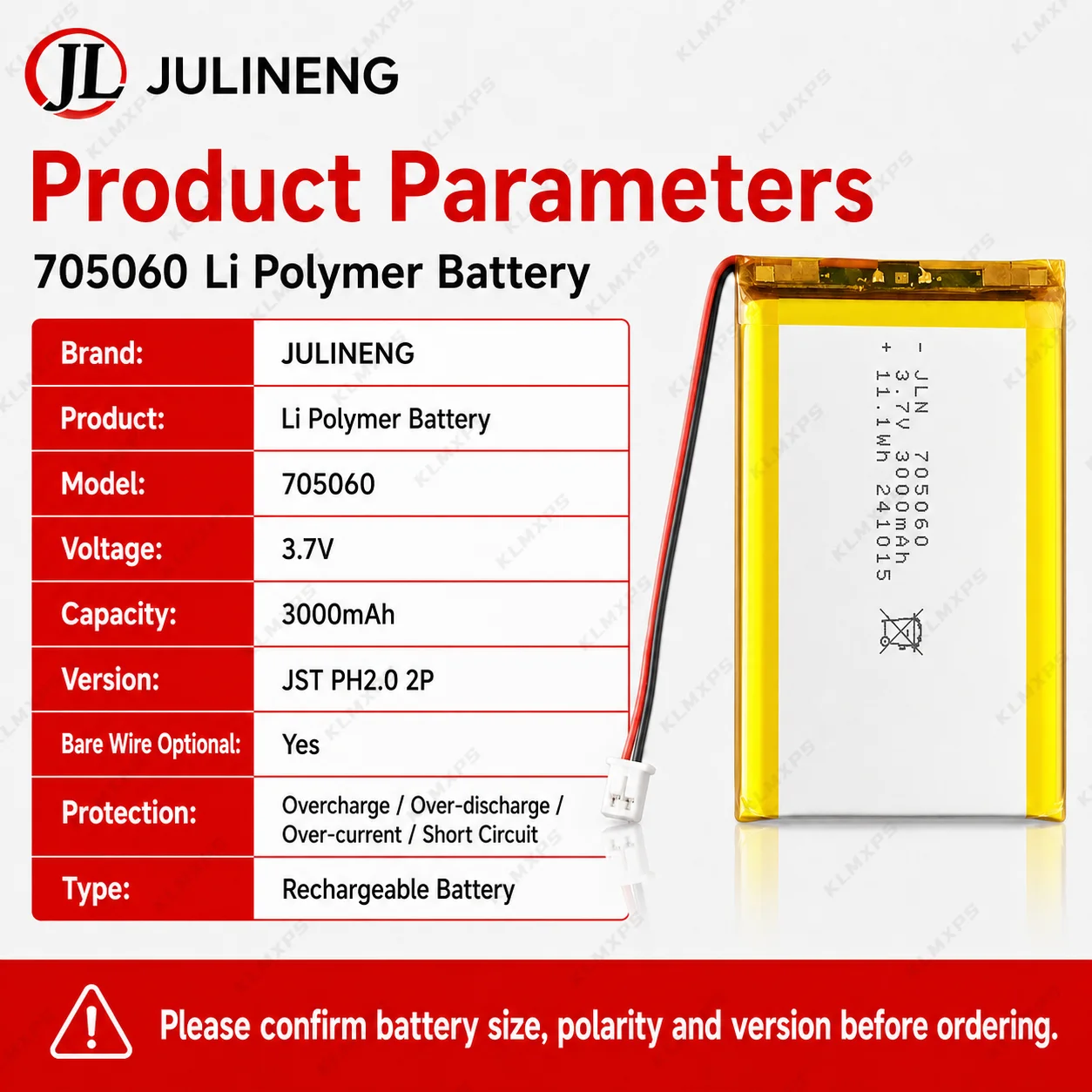 705060 Li Polymer Battery 3.7V 3000mAh Rechargeable Battery Bare Wire JST PH2.0 2P for Bluetooth Portable Devices
