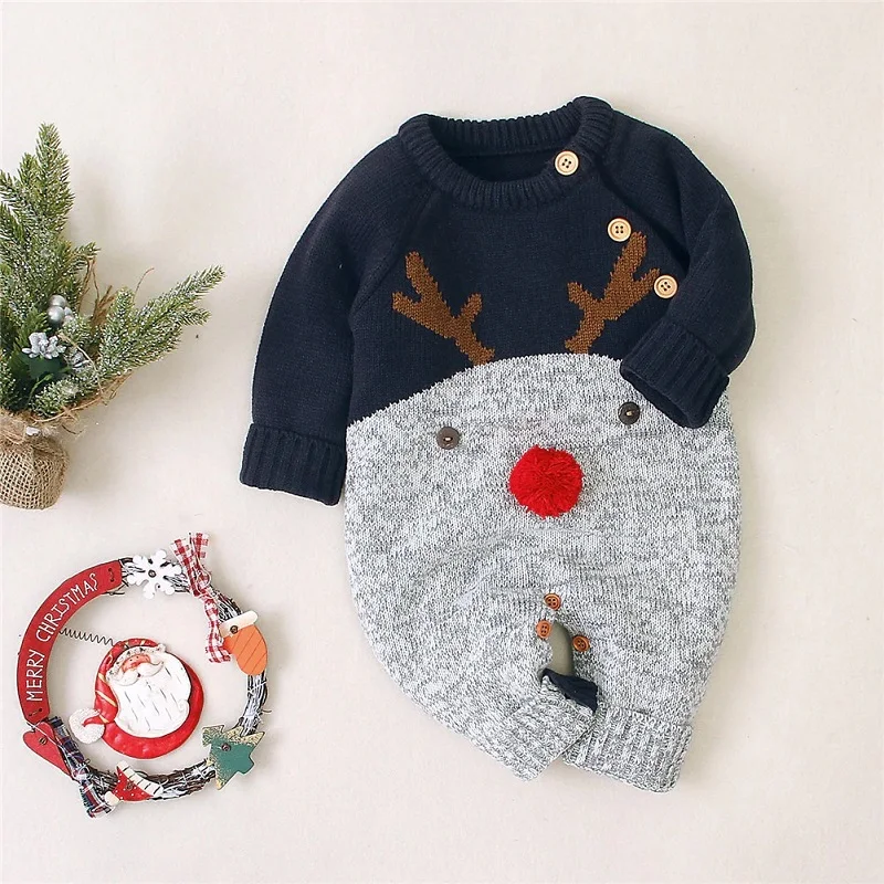 Christmas Baby Clothes Newborn Infant Boy Girl Deer Romper Knitted Warm Jumpsuit Xmas Baby Costumes Clothes