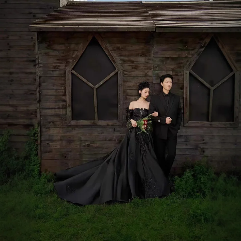 

New Lace Satin Strapless Black Forest Style Travel Photography Simple Train