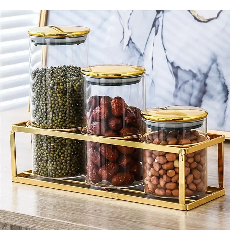 

Whole Grains Storage Glass Jar Food Sealed Can with Cover Metal Base Home Transparent Box Candy Decorative Jars