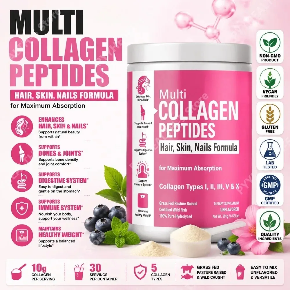 Hydrolyzed Multi Collagen Powder with Types I II III V X Supplement and Digestive Enzyme Blend Unflavored 300g