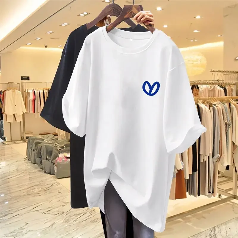 

Heart Print T Shirt Summer Fashion Hand-Painted Print Basic T-shirt Women Casual O-neck Short Sleeve Oversized Top Tee Pullover
