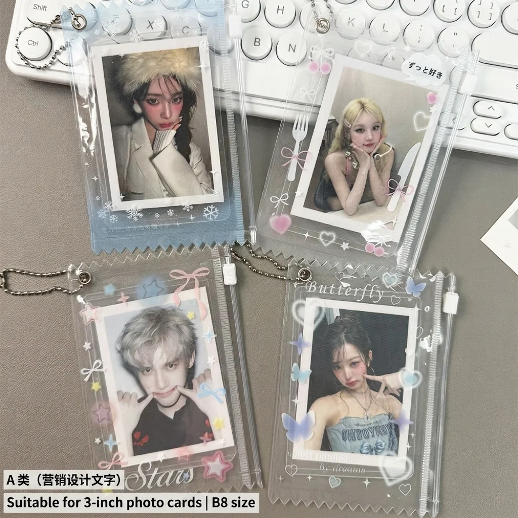 Transparent Pvc Zipper Card Holder Cute Pattern Storage Pouch For 3 Inch Photocards Badges With Hanging Chain Id Card Protective