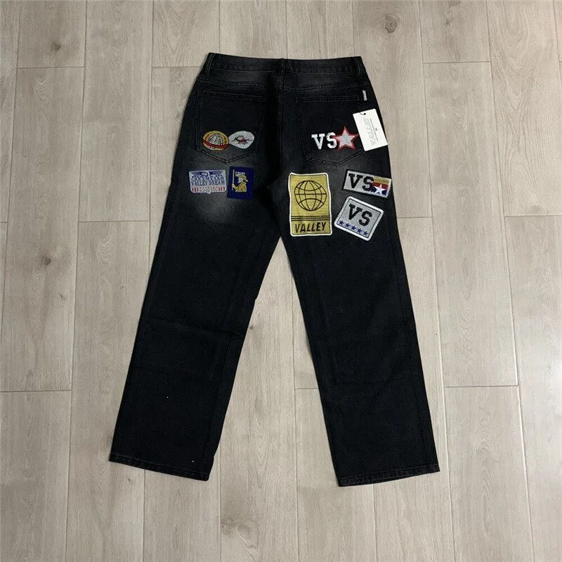 Vale Forever Unisex Embroidered Badge Logo High Street Loose Casual Long Denim Jeans