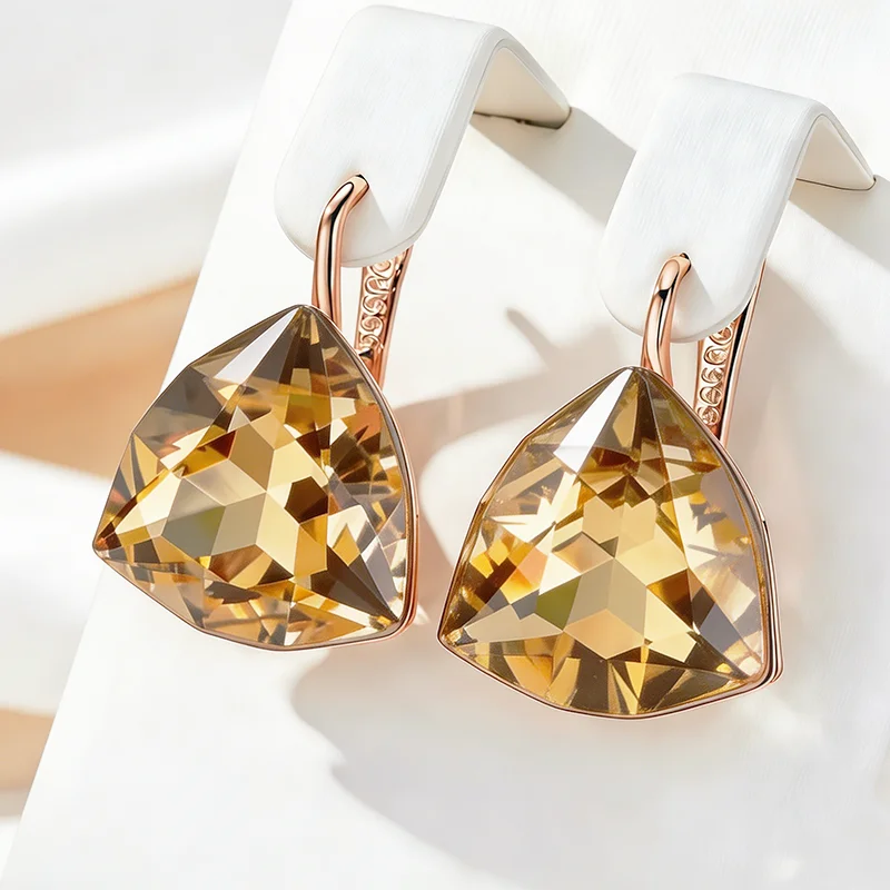 Wbmqda Big Yellow Triangular Zircon Dangle Earrings For Women 585 Rose Gold Color Unique 25*13mm Stone Jewelry Accessories