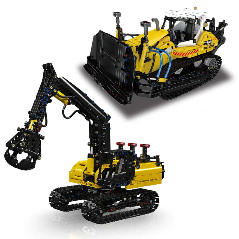 Carregador de madeira hidráulico moc blocos de construção série de engenharia 19019 pneumático bulldozer/grampo carros rastreados 17077 tijolos brinquedos