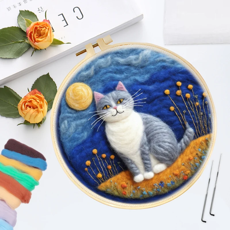 CHENISTORY Wool Felt Kit With Frame Felting Needles Cat And Fox Wool Craft Set for Beginners DIY Handwork Wool Felting Painting