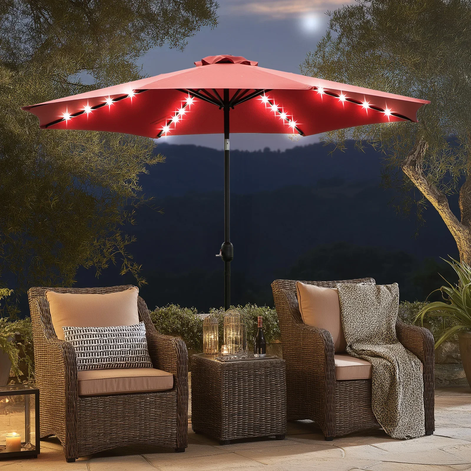Pop 10FT Solar Patio Umbrella With 32 LED Lights UV-Resistant Outdoor Table Umbrella With Tilt And Crank For Backyard Garden