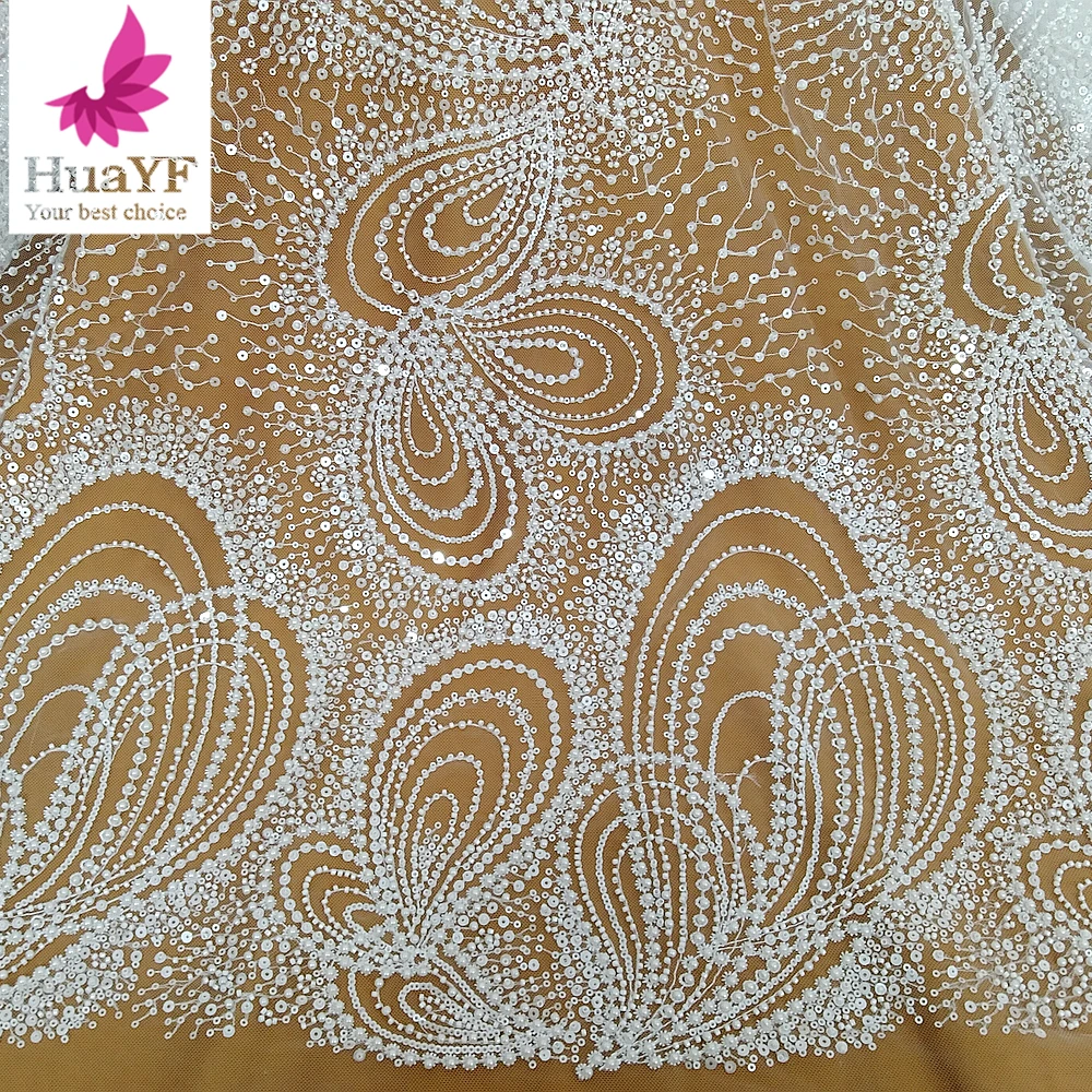 1 Yard 100% polyester luxury pearl white fancy sequins embroidered wedding lace fabric HY2510-1