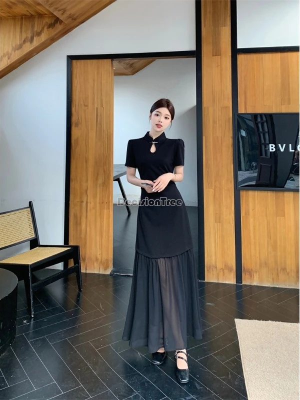 

2025 китайский ретро-стиль улучшенный лоскутный дизайн платье Cheongsam летнее женское утягивающее платье из пряжи с короткими рукавами длинное платье Ципао t001