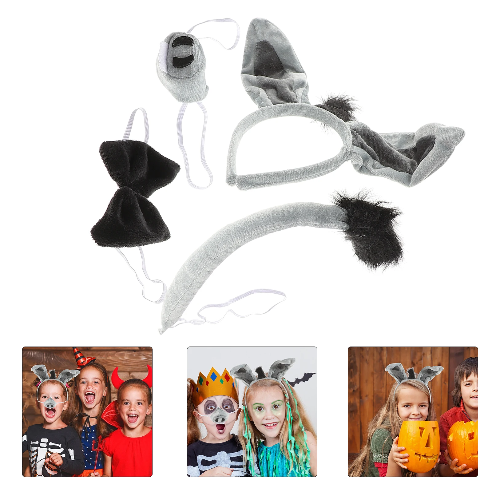 

4pcs Donkey Headband Set Kids Halloween Costume Animal Ears Nose Tail Party Dress Up Accessories Cotton for Cosplay