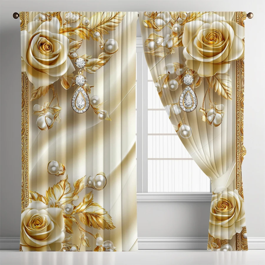 2PCS Digital Printed Curtains, European Diamond Golden Flower Pattern, Stylish Window Treatment for Living Room Bedroom Decor