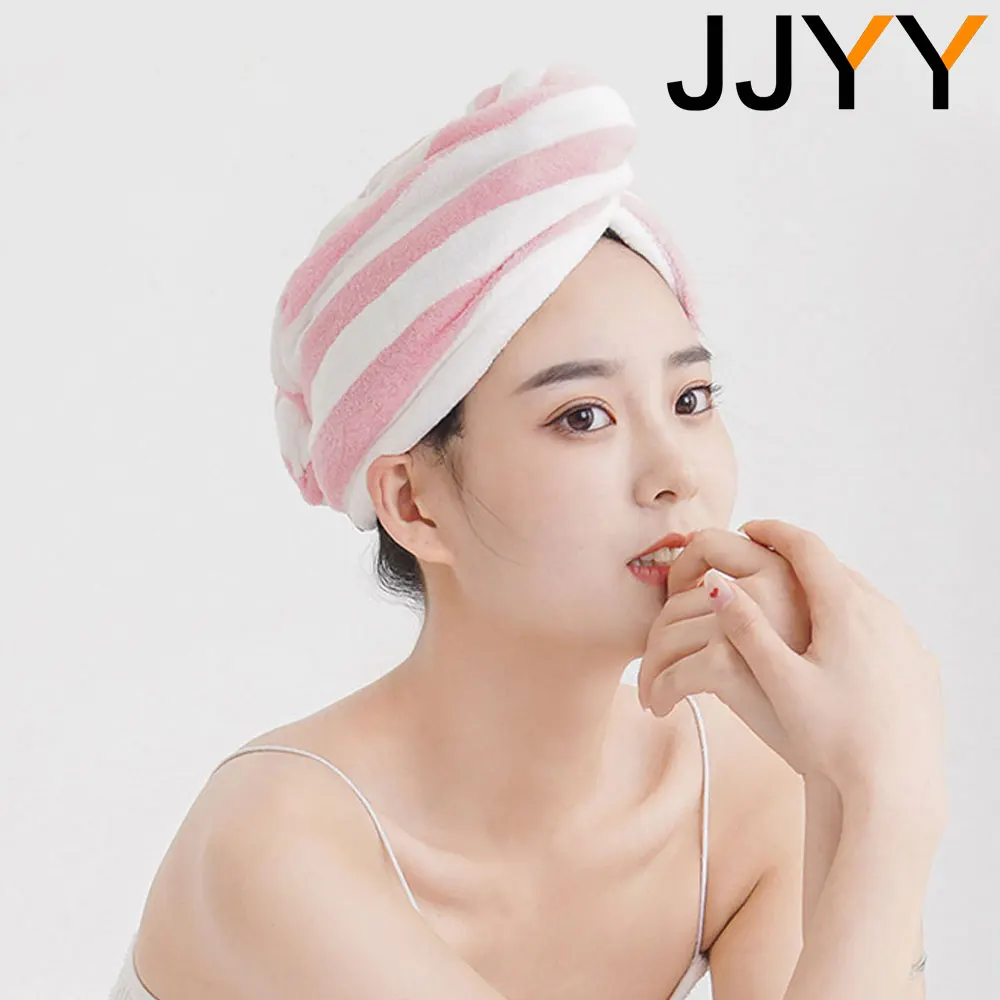 JJYY Microfiber Strong Absorbent Microfiber Dry Hair Towel Absorbent Quick Dry Striped Shower Cap  Bathroom Accessories