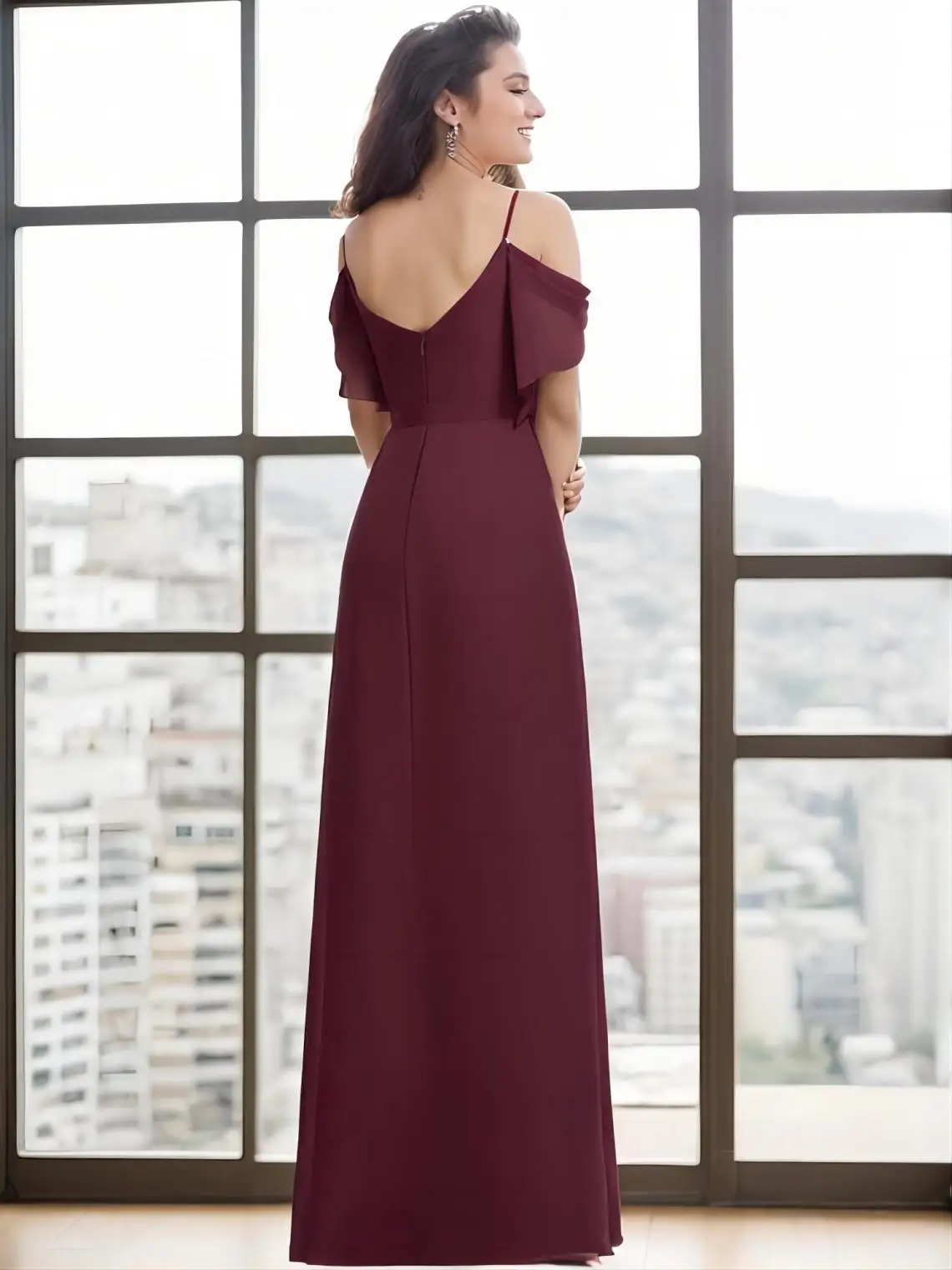 Moda elegante A-Line vestido de noche semiformal sin mangas con cuello en V gasa hasta el suelo vestido de fiesta con volantes 2025 personalizado gratis