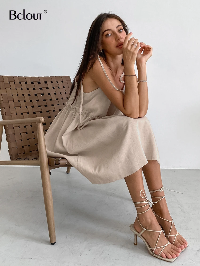 Bclout Summer Khaki Linen Dress Women Elegant Spaghetti Strap A-Line Loose Dresses Fashion Ruched Lace-Up Sexy Mini Dresses 2024