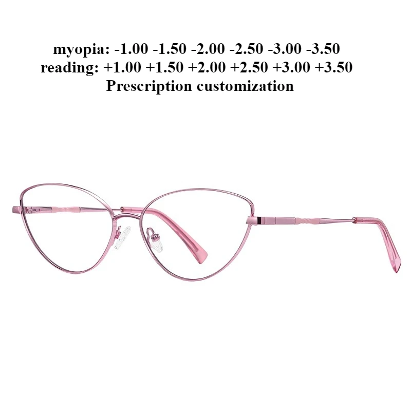 

59-15 модные очки для чтения «кошачий глаз» с защитой от синего света, женские металлические очки для близорукости по индивидуальному заказу