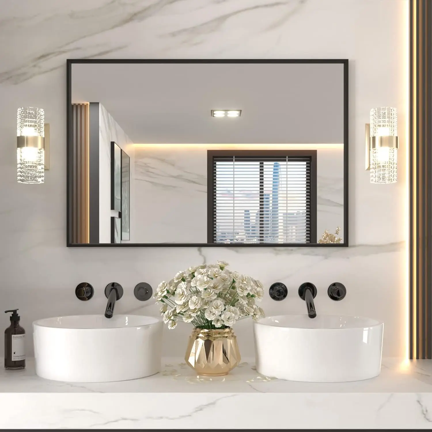 

48" x 32” Black Rectangular Mirror Aluminum Frame Tempered Glass Hangs Vertically or Horizontally Bathroom Decorative Mirror