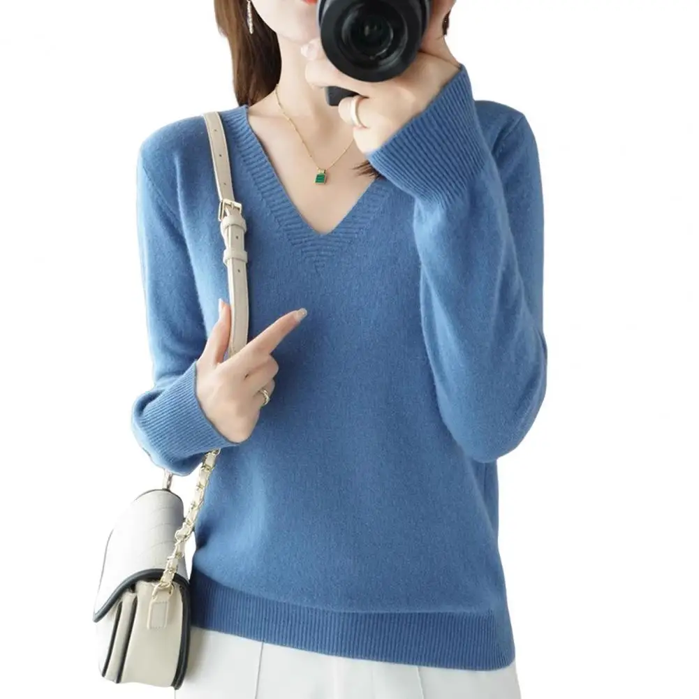 

Women's T-Shirts Autumn Winter Solid Color Long Sleeve V Neck Casual T-Shirts Elastic Tops Elastic Knitwear
