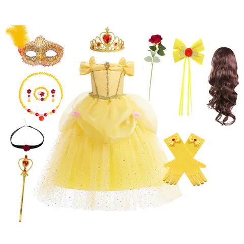 Błyszczące małe dziewczynki żółta księżniczka Bella przebranie na karnawał dziewczyny Halloween fantazyjne przyjęcie urodzinowe wielkanocna sukienka świąteczna