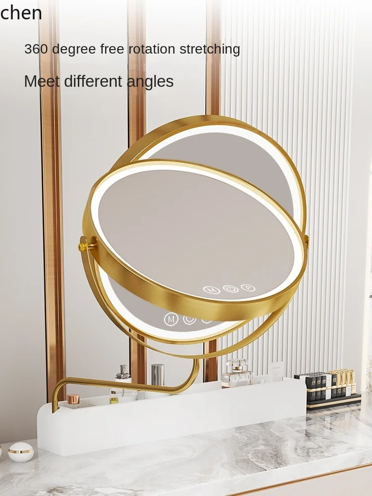 ZML Light Luxury Gold Edge LED Makeup Mirror Circular Desktop Bedroom Dressing Intelligent Up and Down Rotation