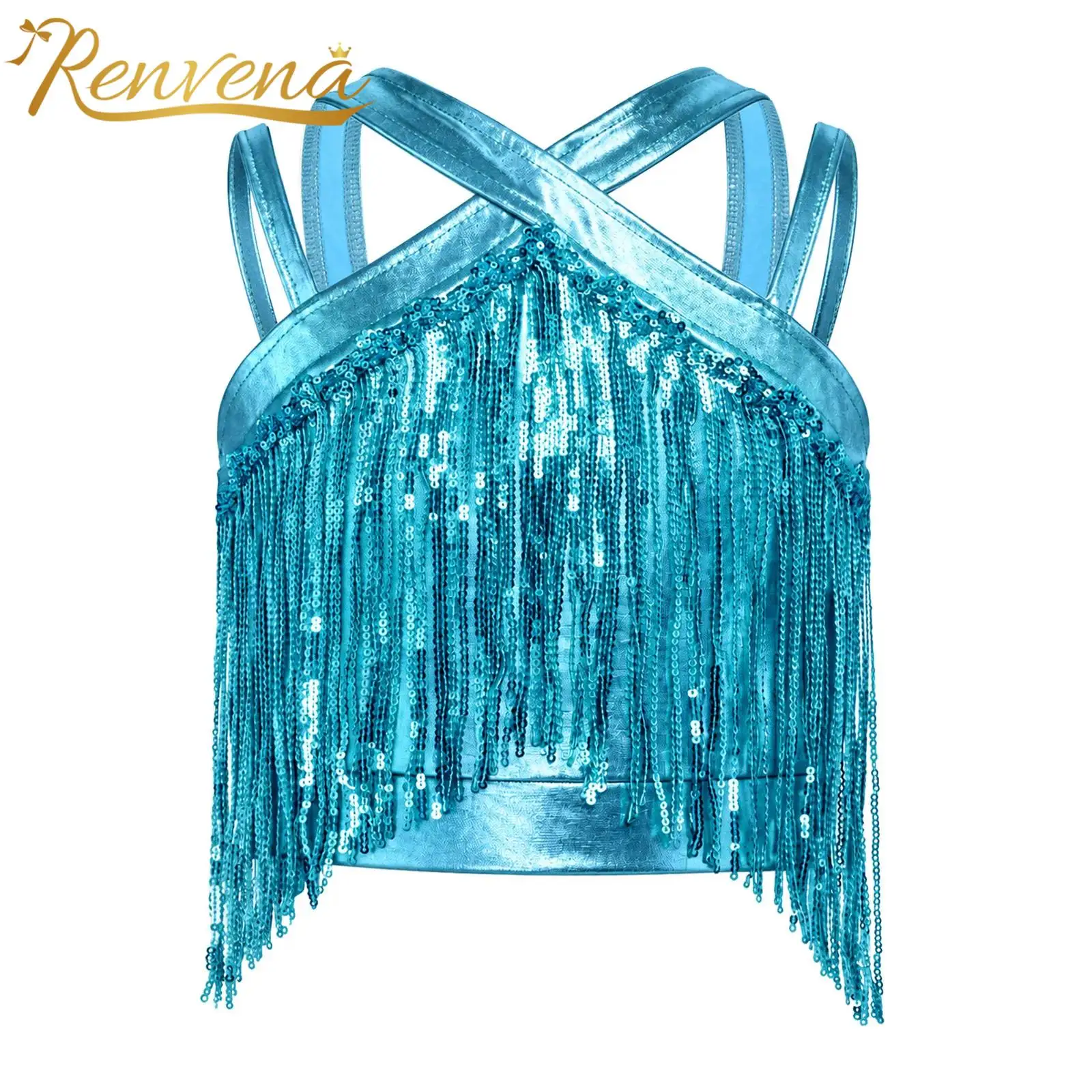 Kids Sleeveless Crop Top Latin Dance Costume Tassels Fringed Tops for Girls Shiny Sequin Metallic Vest for Salsa Tango Dancewear