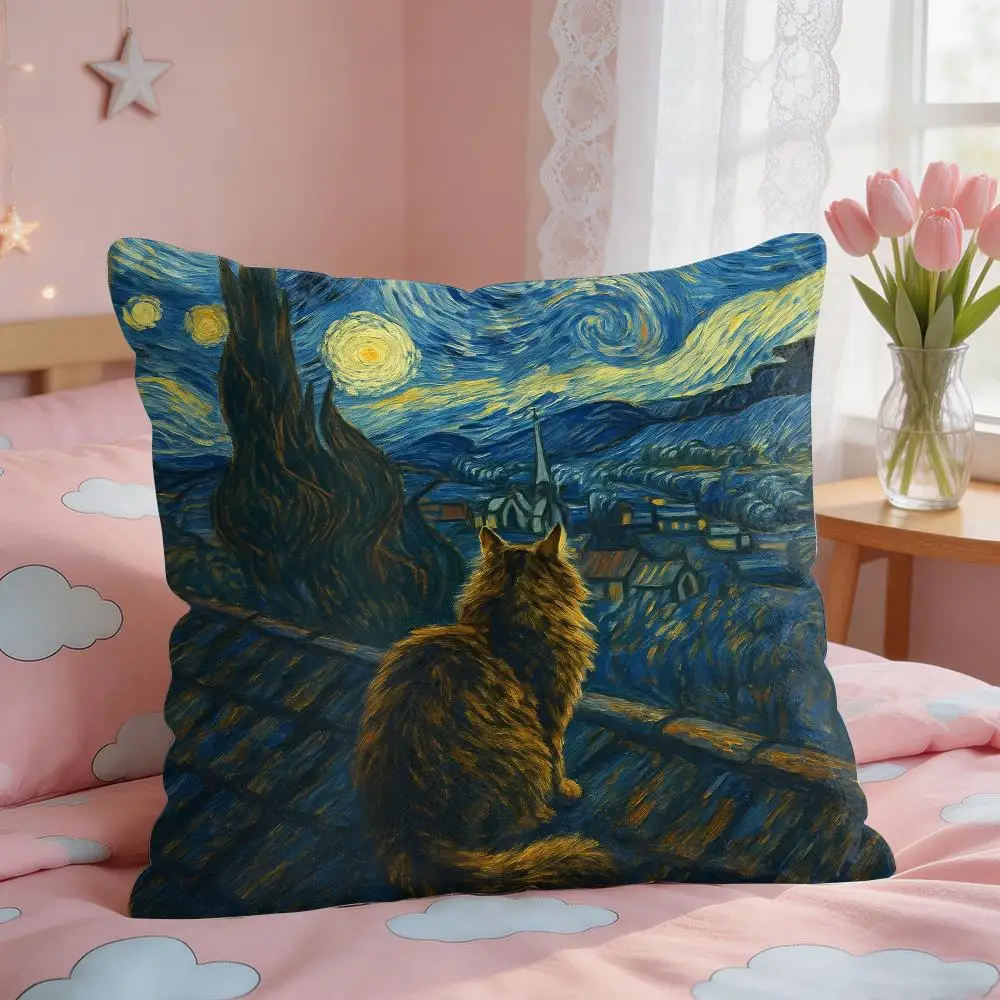 Van Gogh Starry Night Cat Cushion Cover Square Short Plush Pillow Case Living Room Sofa Home Decor Funda 40X40