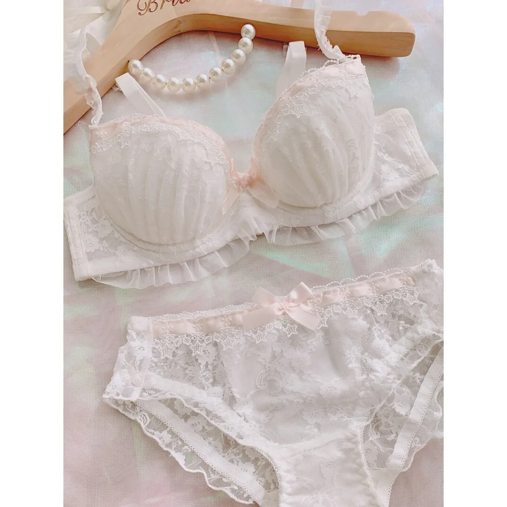White Full Lace Thin Cup Side Lift Plus Size Bra Set Japanese Women Lingerie 2Pcs Soft Comfort Lacy Intimates For Curvy Figure