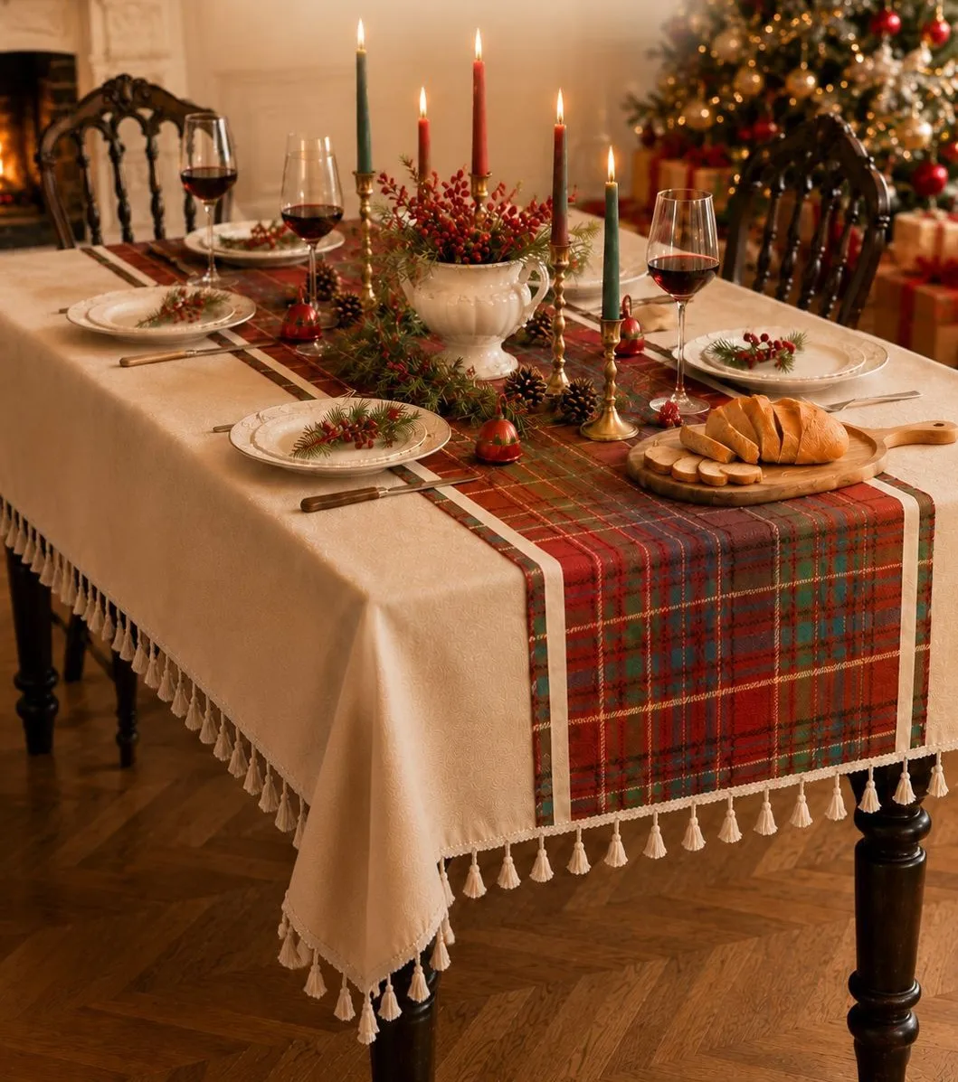 Christmas-themed tablecloth featuring red and green Scottish plaid with fringed for sideboard decorating dining tables cloth