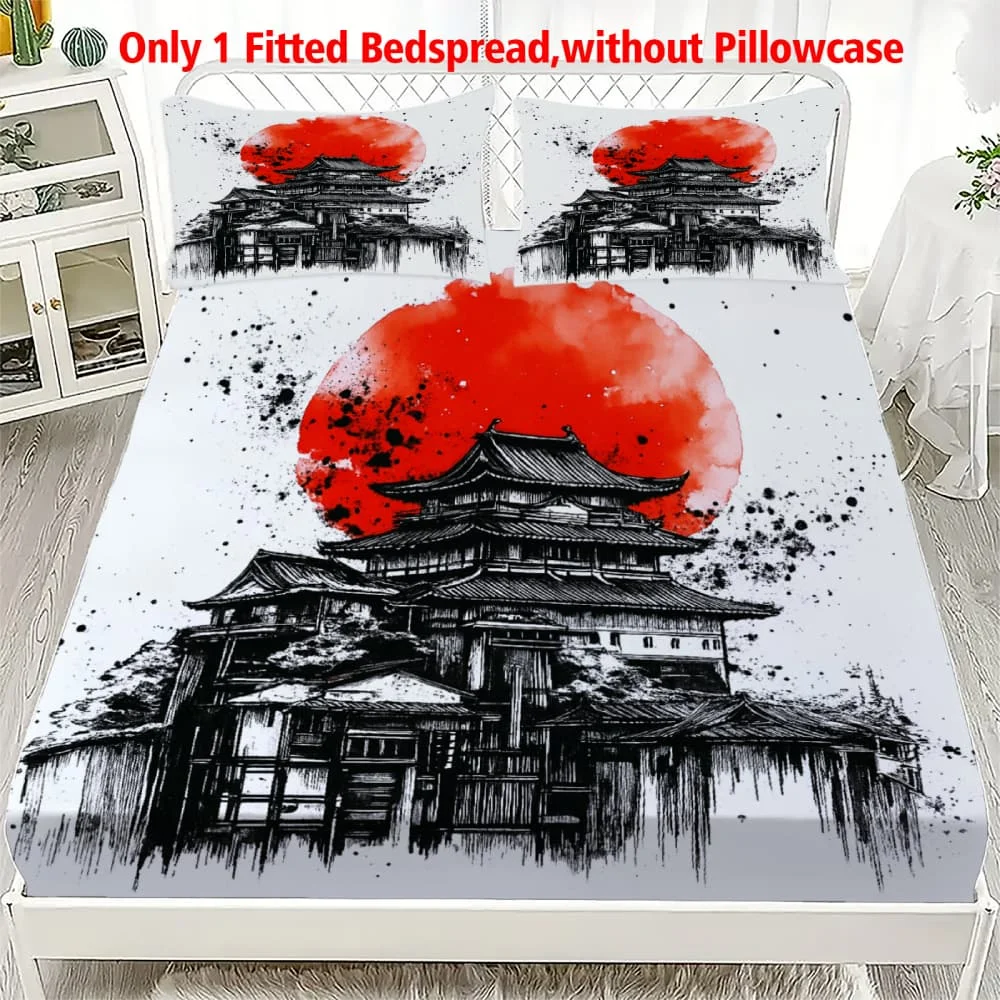 1pc Japanese Ink Wash Castle Print Fitted Sheet Deep Pocket Elastic Mattress Cover Single Double Queen King Bedroom Decor