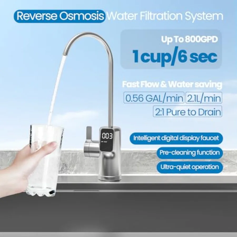 Under Sink Reverse Osmosis System with 800 GPD Capacity Tankless Design 6Stage Filtration for Home Use Reduces TDS Levels FCC L
