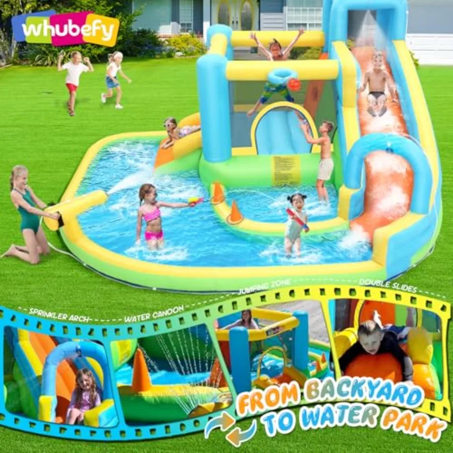 Backyard inflatable water slide bounce house for kids: PVC material blue and yellow dual slides with double splash pools ring t