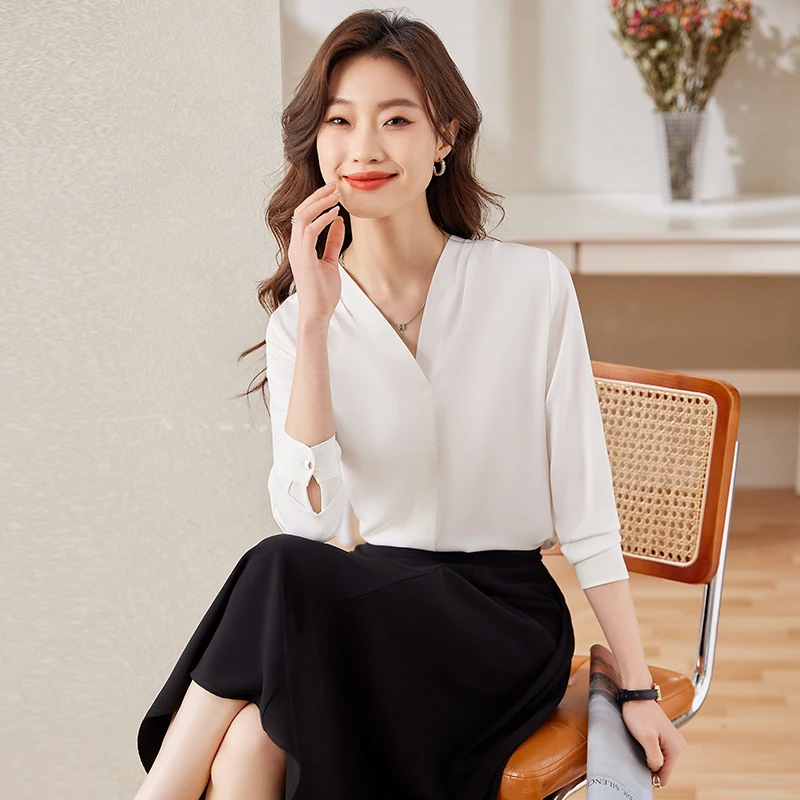 NAVIU Fashion Elegant Shirt Women New Spring V Neck Temperament Chiffon Long Sleeve Blouses Office Ladies Work Tops