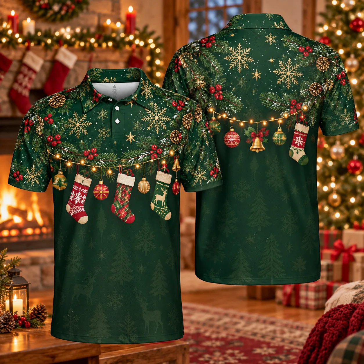 Men's Christmas Polo Shirt Fireplace Stocking 3D All Over Print Short Sleeve Holiday Party Golf Top Xmas Gift
