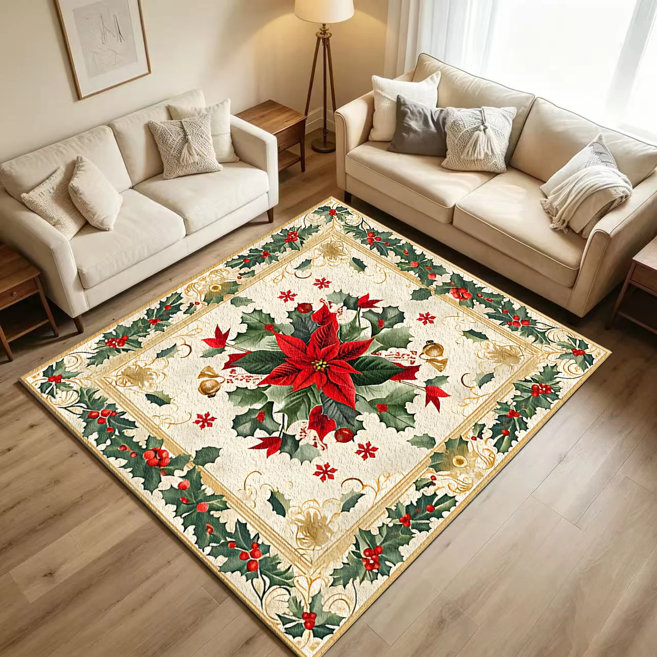 Vintage Red Flower Amaryllis Christmas Gold Frame Carpet, Non-Slip and Washable Floor Rug, Suitable for Holiday Home Decoration