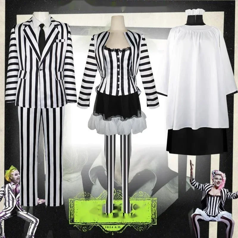 New Beetlejuices Shoulders 2 Cosplay Costume Michaels Keatons Black White Striped Suit Reds Weddings Dress Halloween Costumes