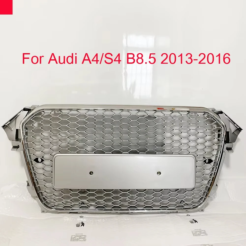 

For RS4 Style Front Sport Hex Mesh Honeycomb Hood Grill Silver for Audi A4/S4 B8.5 2013-2016 Car-styling Accessories No Emblem