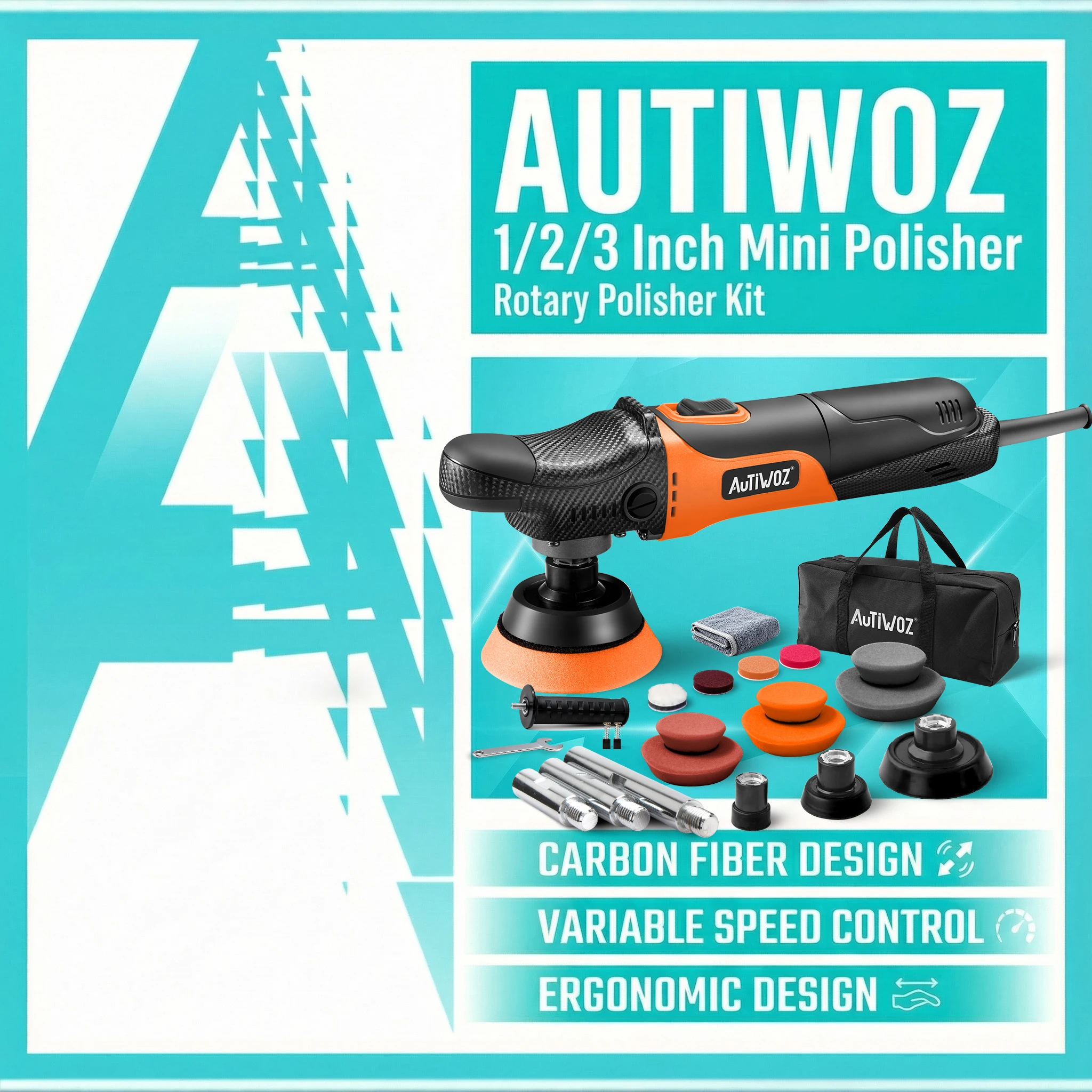 

AUTIWOZ 600W Мини-роторная полировальная машинка с карбоновым дизайном, набор для детейлинга авто 1/2/3 дюйма, с удлинительной штангой, плавный старт, 6800 об/мин