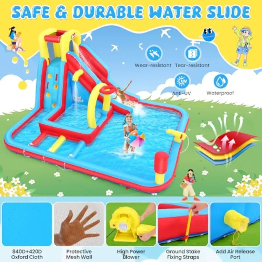 13x10FT Giant Inflatable Water Slide Obstacle Course for Kids w/Long Slide, Deep Pool, Climbing Wall, Boxing Game, Basketball Ri