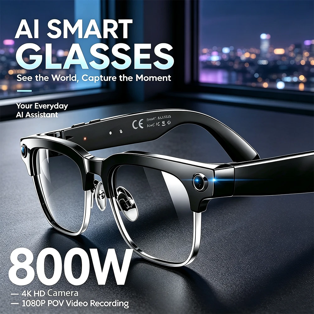 8MP HD Camera 4K UHD Metal Half Frame Glasses 4GB Memory Wi-Fi Image Transfer AI Real-Time Translation Waterproof Smart Glasses
