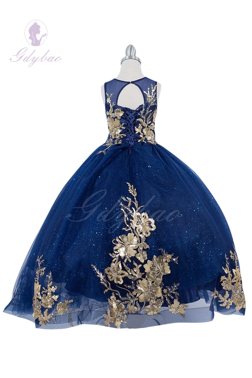 

Navy Blue Flower Girl Dress For Wedding Gold Applique Shining Puffy Tulle Kids Birthday Party First Communion Baby Ball Gown