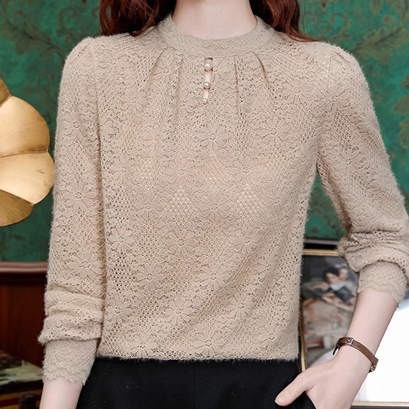 Winter Women Blouse Fashion O-Neck Unique Pearl Pullover Long Sleeve Keep Warm Adding Fleece Lace Blouses Women Tops Shirt D324