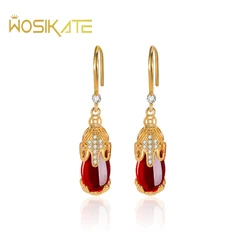 WOAIKATE Vintage Ruby Drop Earrings For Women 925 Sterling Silver With 18K Gold Plated Jewelry Elegant Hoop Earrings Party Gifts