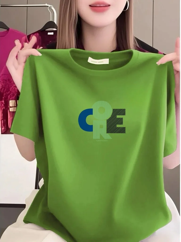 

Комплект с коротким рукавом и принтом для женщин среднего возраста: модная футболка из дышащего полиэстера с круглым вырезом и свободным кроем для мам