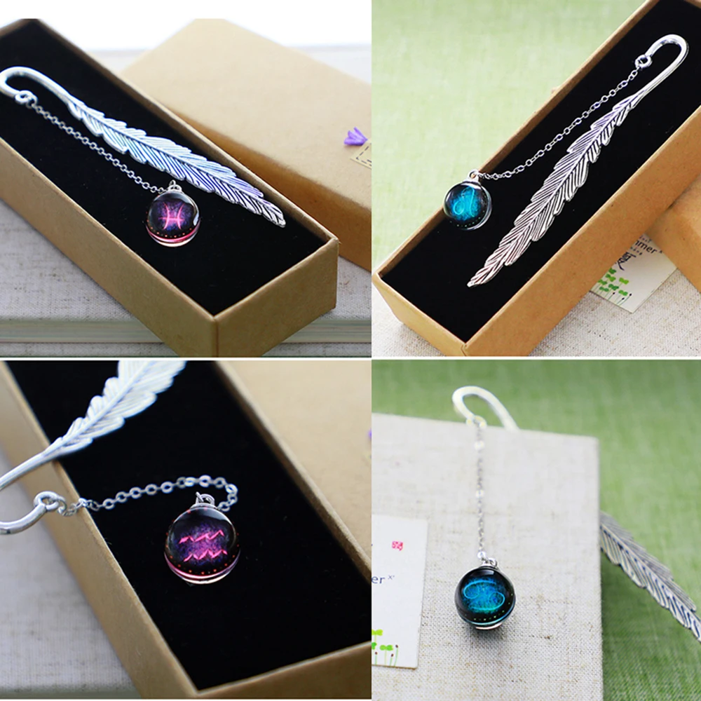 Creative Luminous Bookmark Twelve Constellation Pendant Metal Retro Leaf Pagination Bookmark with Gift Box